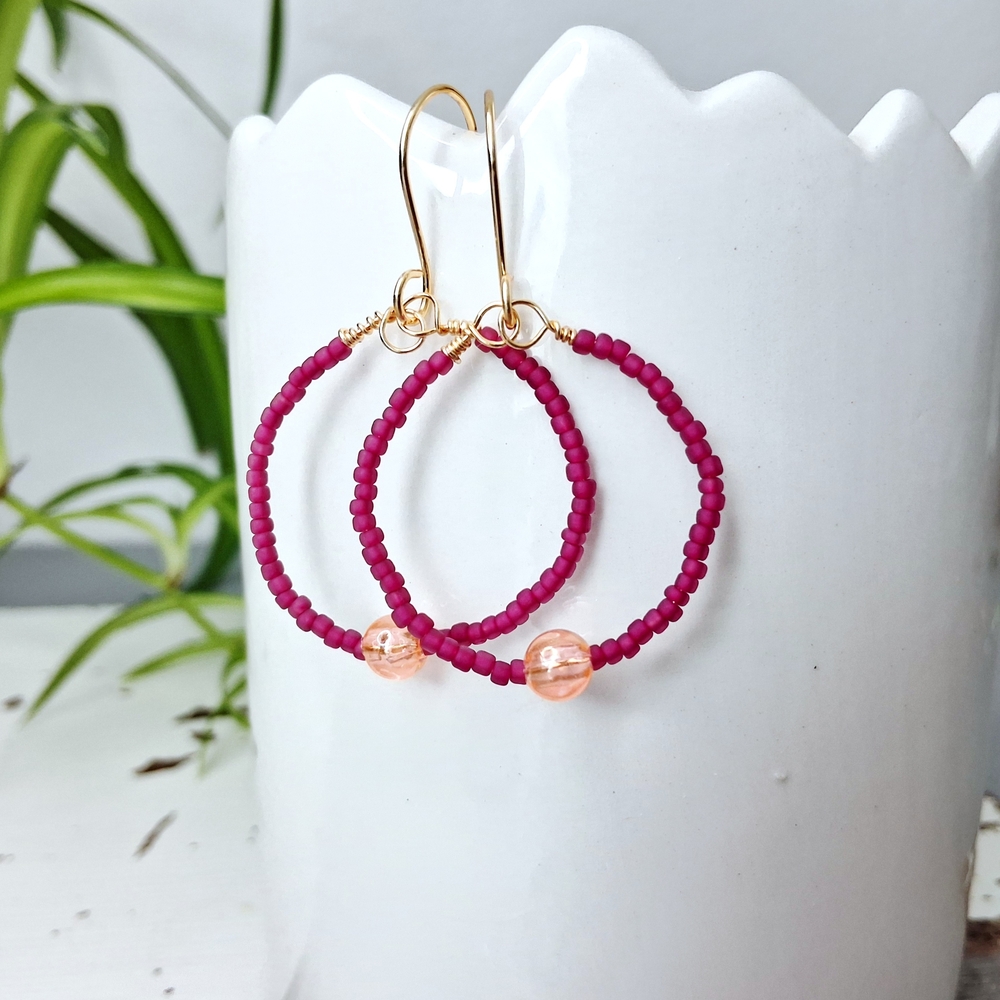 BOGO EARRINGS Chic Magenta Beaded Hoop Earrings